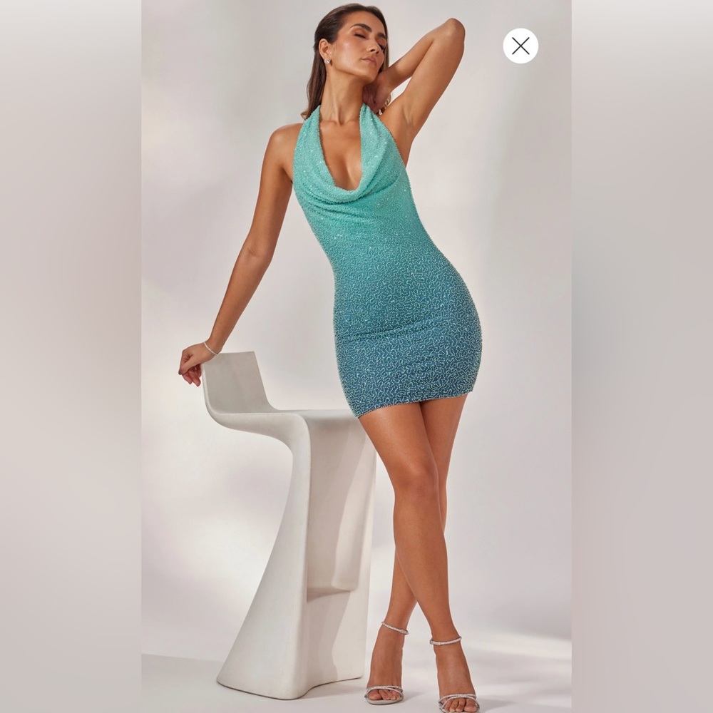 Embellished Halter Neck Mini Dress In Blue Ombré
